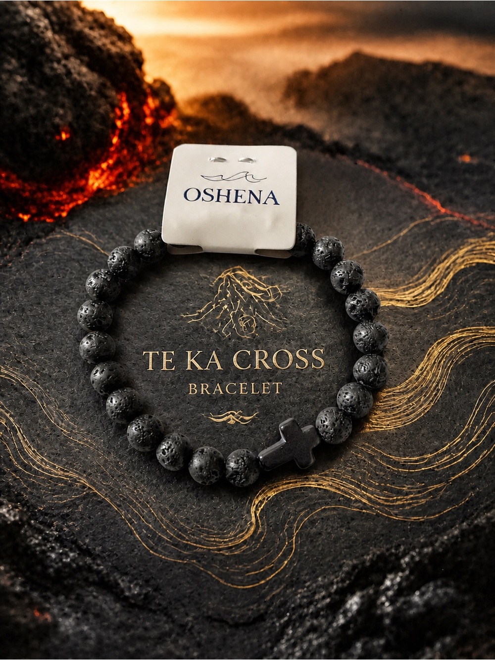 OSHENA Te Ka Cross Black Lava Bead Bracelet